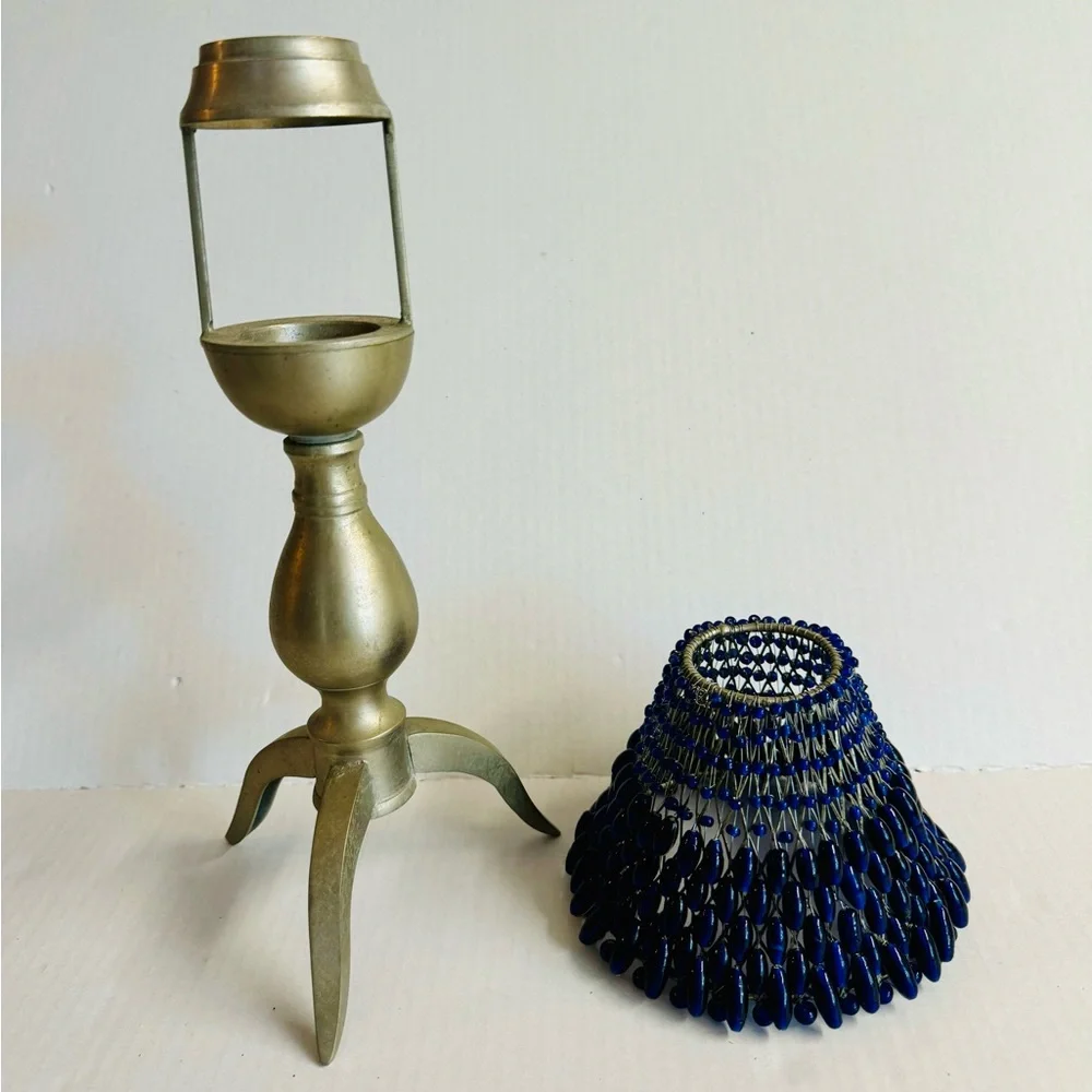 Vtg Cobalt Blue Glass Bead Shaded Votive candle holder with pewter 3 leg base.